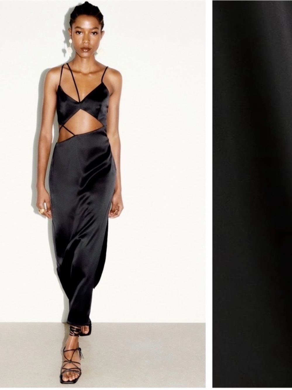 Zara Black Satin effect Asymmetric Cutout midi Dress Sz L